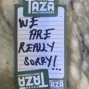 Note from manager who drove missing items over to our house!   Unbelievable service!