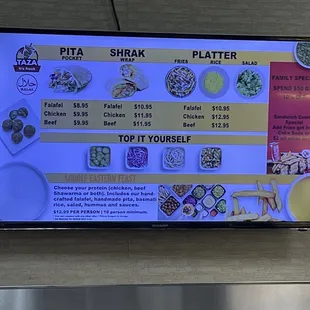 a menu displayed on a large screen