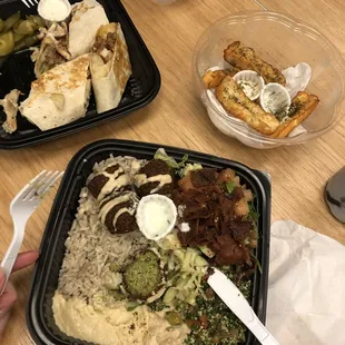 Chicken shawarma wrap, Tazah falafel bowl ,Halloumi fries