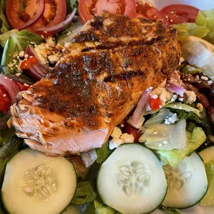 Greek salad with salmon add on.