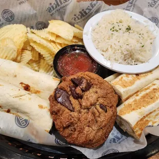 Grilled chicken roll ups, chips, rice, &amp; chocolate chip cookie