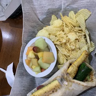 Veggie Pita, fruit salad &amp; chips