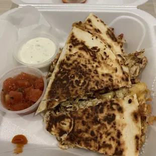 Chicken Bacon Ranch Quesadilla (extra meat) with Ranch dressing and salsa.