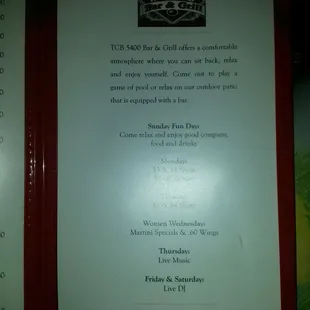 Mon = $3 &amp; $4 shots and $1 off all beer Tue = $3 &amp; $4 shots Women Wed = Martini specials &amp; $.60 wings Thu = live music Fri = live dj