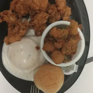 Rex&apos;s chicken.  Mashed potatoes and okra.