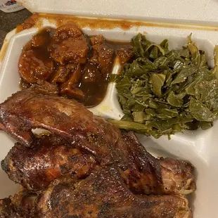 Turkey wings, collards, and sweet potatoes