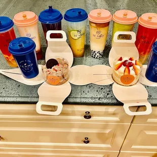 Lychee Green Tea Pink Milk Drink w/ Crystal Boba Fresh Yogurt with Lake Michigan w/ Tri Q Passion Mojito Dalgona Coffee w/ Boba  Sesame soup