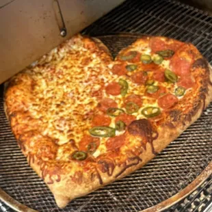 1/2 cheese 1/2 pepperoni + jalapeño heart pizza
