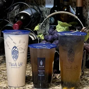 01.28.25 [L-R] Black Milk Tea, Jasmine Green Tea w/ boba, Mango High Mountain Green Tea w/ boba