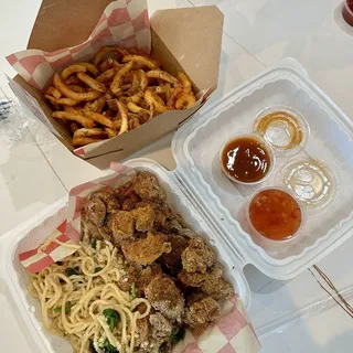 Garlic Noodles with Popcorn Chicken