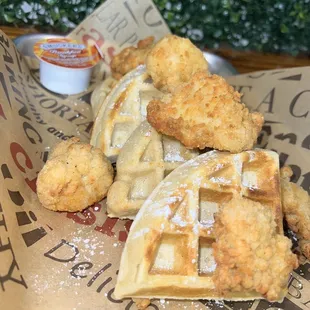 Chicken and Waffles with hot honey sauce and syrup