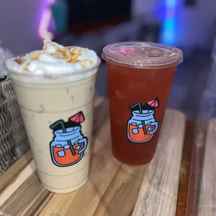 Iced caramel protein coffee and bad bunny loaded tea.