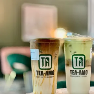 Iced Caramel Macchiato and Iced Matcha Coffee Latte (half sweet each)