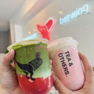 L: Strawberry Matcha Latte $5.50 R: Pink Panther $5.50 + Crema (+$1)
