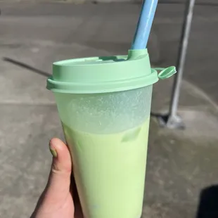 Honey Dew Milk tea with coconut jelly and boba