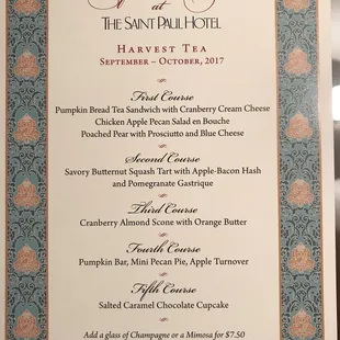 Menu for fall afternoon tea.
