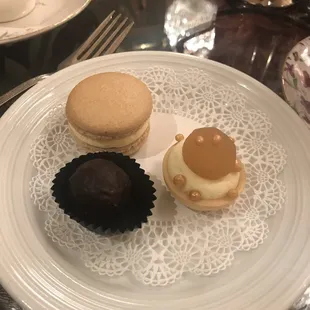 Macaron, truffle and apple pie mini desserts