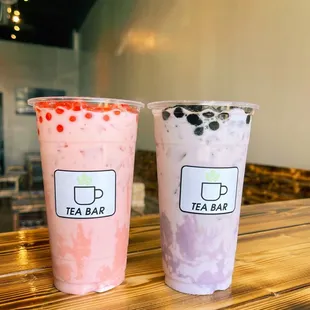 Strawberry Milk Tea w/Strawberry Poppin&apos; Boba | Taro Milk Tea w/Boba