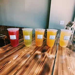 Strawberry tea, apple tea, peach tea, mango tea &amp; lychee tea