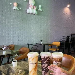 Caramel milkshake with egg pudding. Chocolate milkshake. Dirty MT with boba