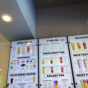 menus for various beverages
