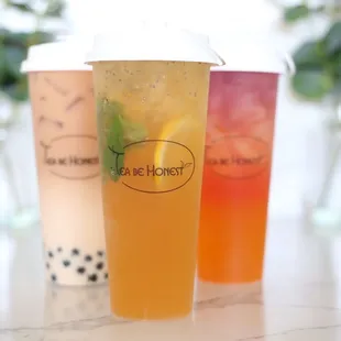 Honey Kumquat Lemon Tea (front), Rose Milk Tea (left), Mango Galaxy (right)