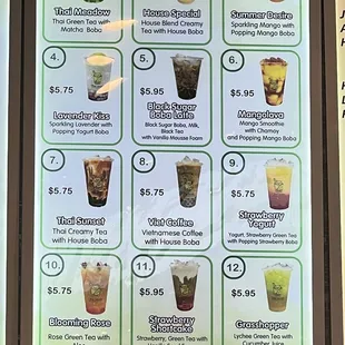 a menu for various drinks