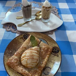 Vanilla poached pear pastry with walnut filling. Pumpkin cheesecake and chocolate mousse.