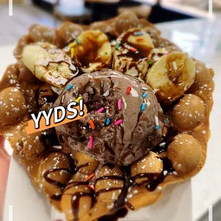 Bubble waffle with chocolate ice cream and banana