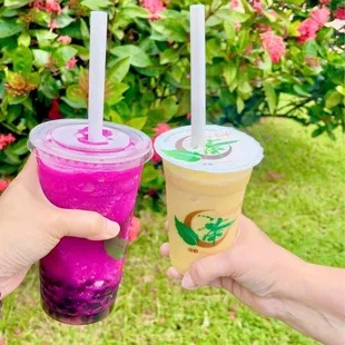 Dragonfruit boba and mango smoothie
