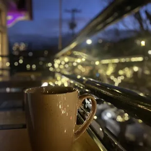 Tea at night on their outdoor patio, no heater fyi