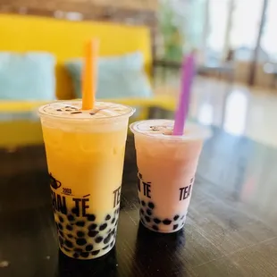 Mango extra boba tea and rose extra boba tea