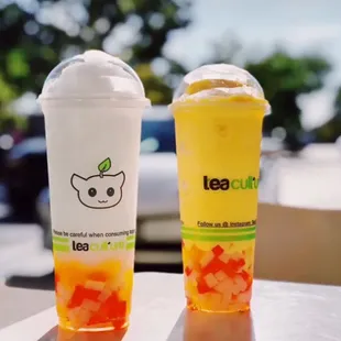 Lychee slush with rainbow jelly, mango slush with rainbow jelly