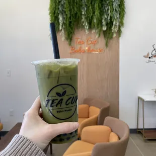 Matcha latte boba with oat milk