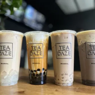 Jasmine milk tea, dirty milk tea, roasted oolong, Oreo brûlée