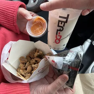 chicken, tea, onigiri