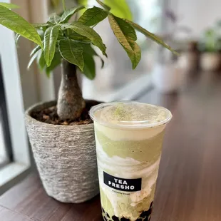 Cream Brûlée Matcha  with Boba