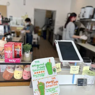 a counter with various items on it
