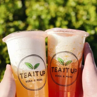 Refreshing lychee with lychee bits and sweet peach with peach bits