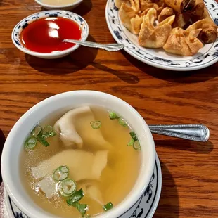 Wonton soup, and crab wontons, and egg rolls.