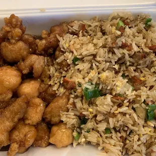 General's chicken and pork fried rice
