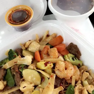 Combination Pan Fried noodles with Hot &amp; Sour soup.