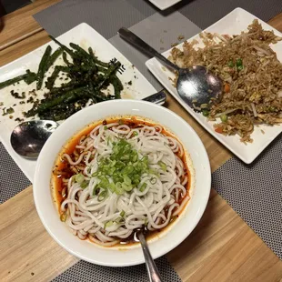 dan dan noodles, green beans, chicken fried rice