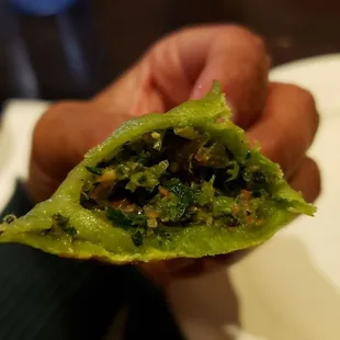Interior of pan fried vegetable dumplings ($10). Vegan by default. Tasty.