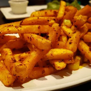 Szechuan mala fries ($8), vegan by default. Spicy and good. Lots of Szechuan peppercorn.