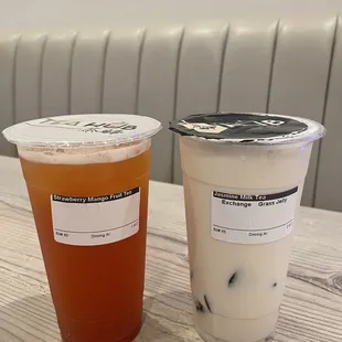 Strawberry mango fruit tea and jasmine milk tea