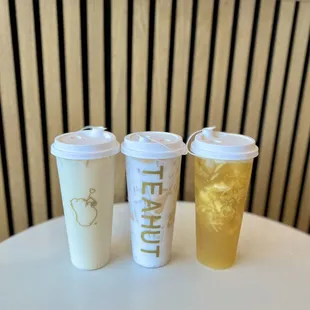 Jasmine milk tea, coco mango, and passion fruit pineapple tea