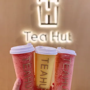 strawberry energy with lychee jelly, strawberry energy, mango energy with boba (11/2023)