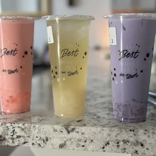 Strawberry Smoothie, Lychee Tea, Taro Milk Tea