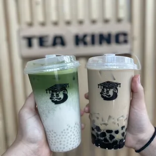 Matcha latte with sago, milk tea with boba